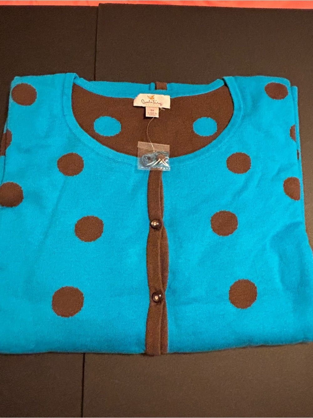 Quacker Factory Cardigan 3X Blue Brown Polka Dot 100% Cotton Plus Size NWT